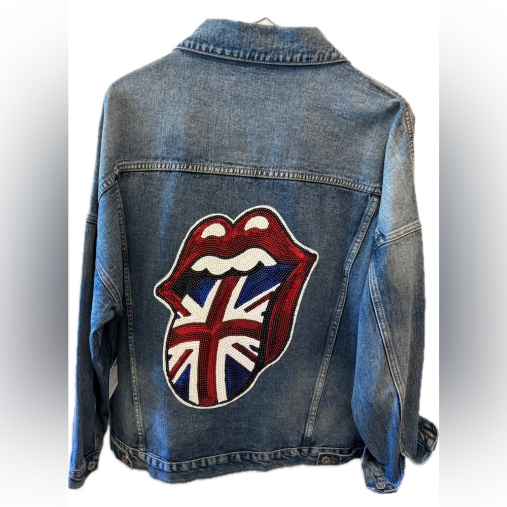 Custom oversized denim jacket with Rolling Stone embellishment